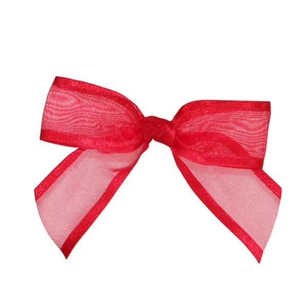 7/8" Sheer Satin Edge Red - Pre-Tied Twist Tie Bows - 100 Bows/Pack