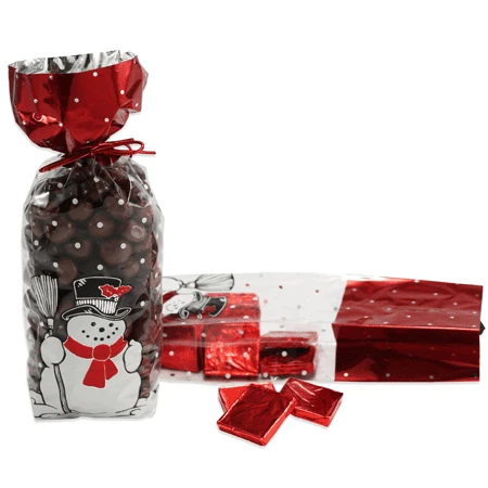 50 Bags - 1 lb. - 2.5 Mil Foil Accented Soft Bottom Cello Bags - Snowman