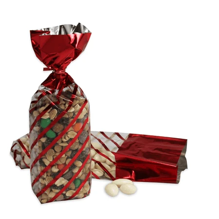 50 Bags - 1 lb. - 2.5 Mil Foil Accented Soft Bottom Cello Bags - Red Diagonal Stripes