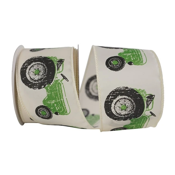 Green Tractor Linen Wired Ribbon - 2.5" x 10 Yds