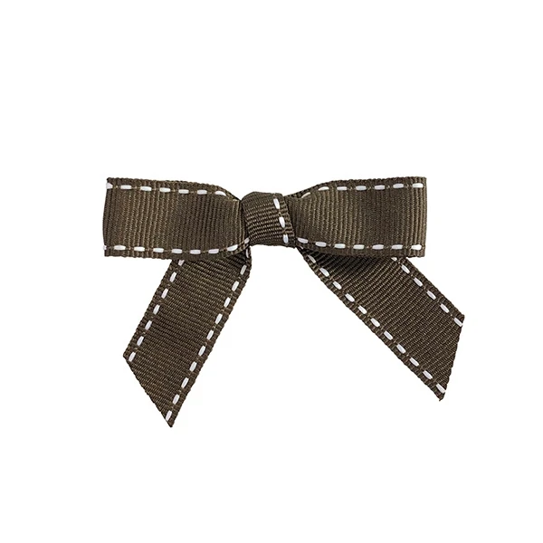 5/8" Brown / White Grosgrain Saddle Stitch Ribbon - Pre-Tied Twist Tie Bows - 100 Bows/Pack