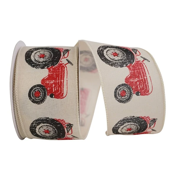 Red Tractor Linen Wired Ribbon - 2.5" x 10 Yds