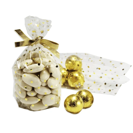 50 Bags - 1/4 lb. - 2.5 Mil Foil Accented Soft Bottom Cello Bags - Small Gold Dots