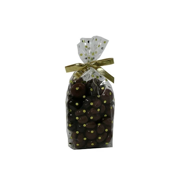 50 Bags - 1/4 lb. - 2.5 Mil Foil Accented Soft Bottom Cello Bags - Small Gold Dots