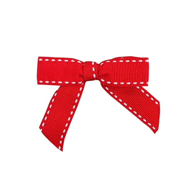 5/8" Red / White Grosgrain Saddle Stitch Ribbon - Pre-Tied Twist Tie Bows - 100 Bows/Pack
