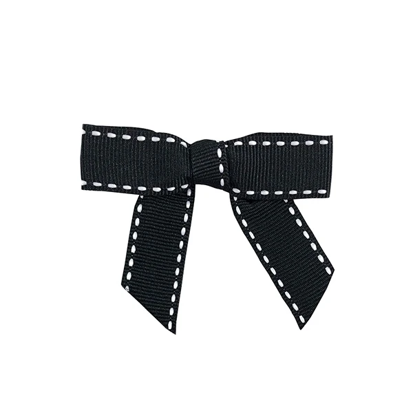 5/8" Black / White Grosgrain Saddle Stitch Ribbon - Pre-Tied Twist Tie Bows - 100 Bows/Pack