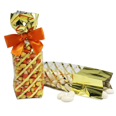 50 Bags - 1/2 lb. - 2.5 Mil Foil Accented Soft Bottom Cello Bags - Gold Diagonal Stripes