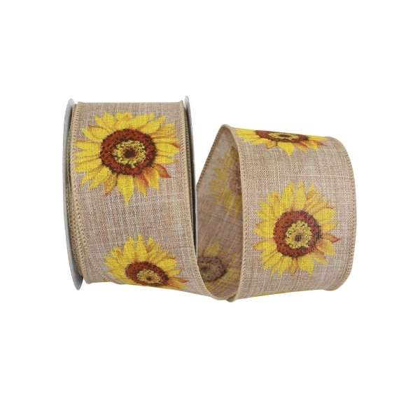 Wired Sunflower Natural Linen Ribbon 2-1/2" x 10 Yards