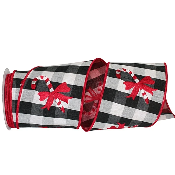 Candy Cane Dupioni Check Embroidery Wired Ribbon - 4" x 5 Yds