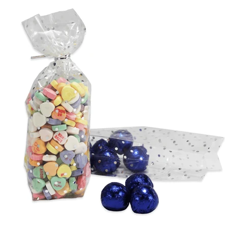 200 Bags - 1/2 lb. - 2.5 Mil Foil Accented Soft Bottom Cello Bags - Small Silver Dots