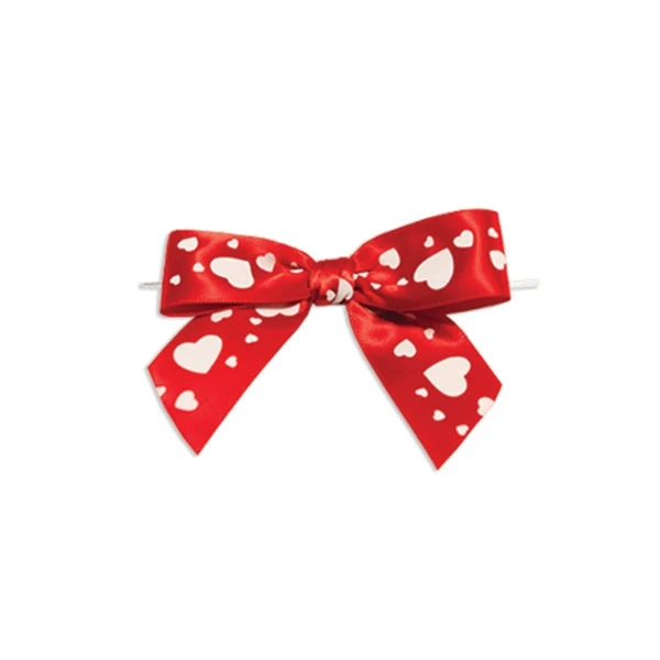 Pre-Tied Satin Twist Tie Bows - Red with Hearts - 100 Bows/Pack