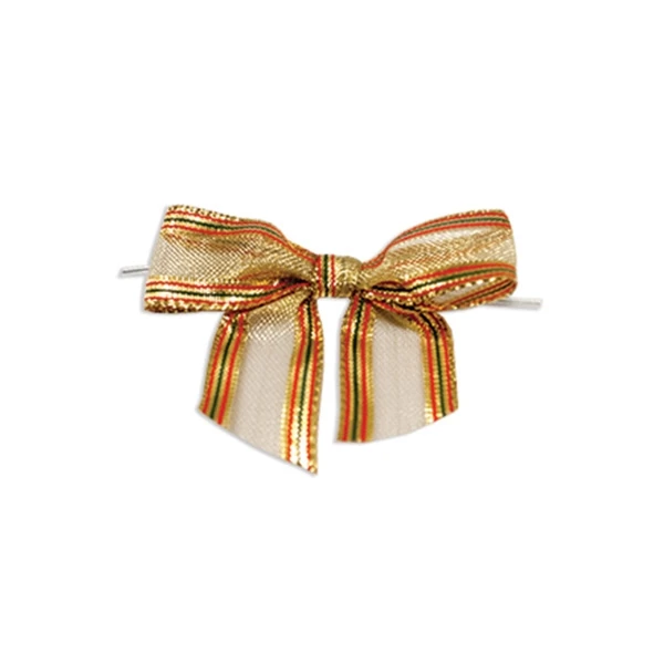 Pre-Tied Twist Tie Bows - Metallic Gold with Red/Green Stripes - 100 Bows/Pack