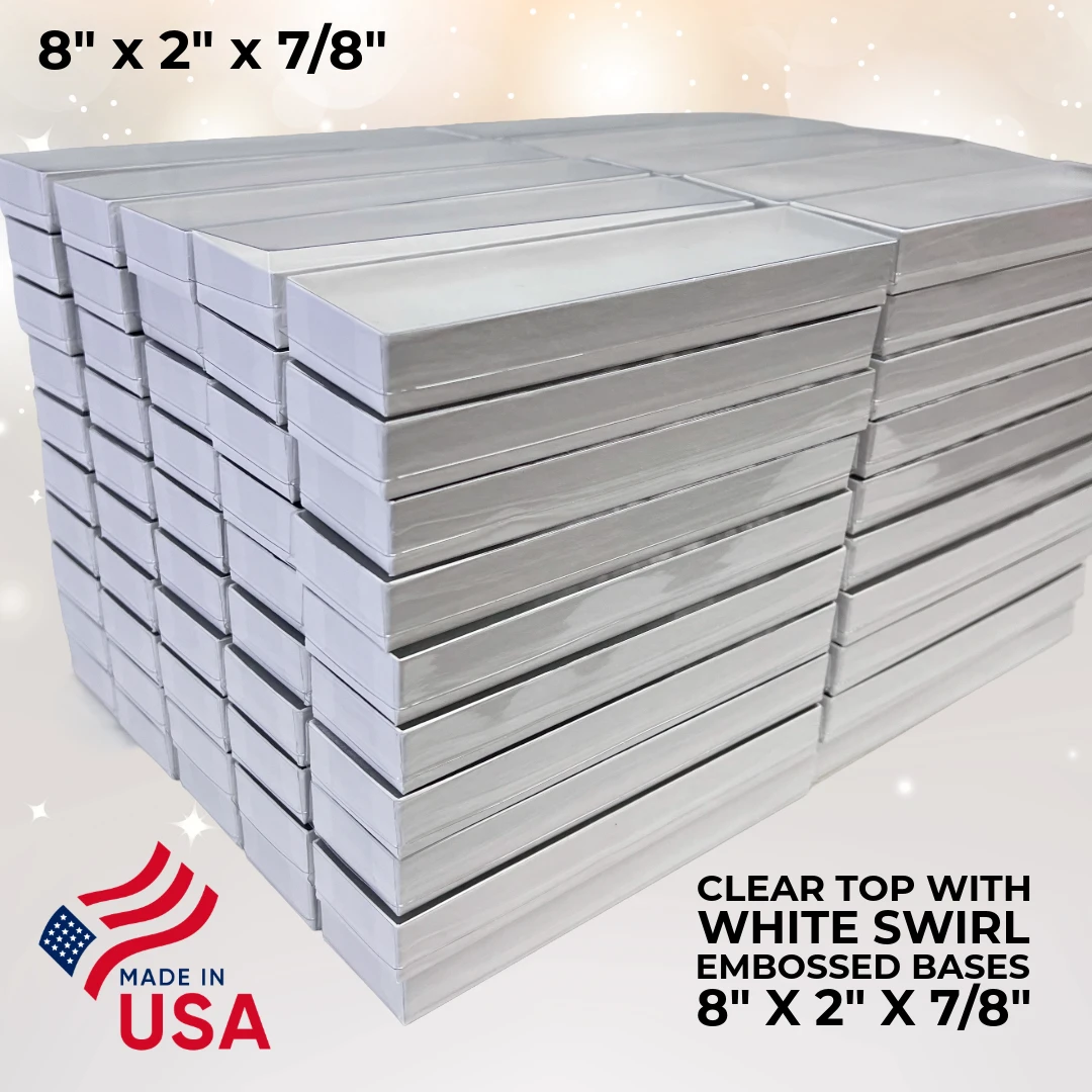 100 Boxes - Clear Top with White Bases Jewelry Boxes - 8" x 2" x 7/8"
