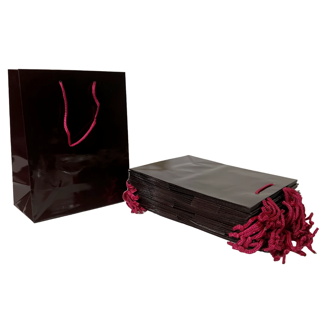 100 Bags - Burgundy Gloss Laminated Euro Paper Bags - 8" x 4" x 10"