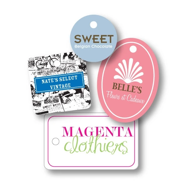 1000 Tags - Custom Ink Printed Tags 1-2 Colors - No Strings - Small/Medium Shapes