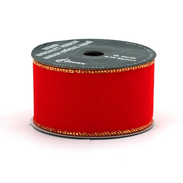 Brick Red Velvet Wired Ribbon with Gold Trim - 2.5" x 10 Yds.