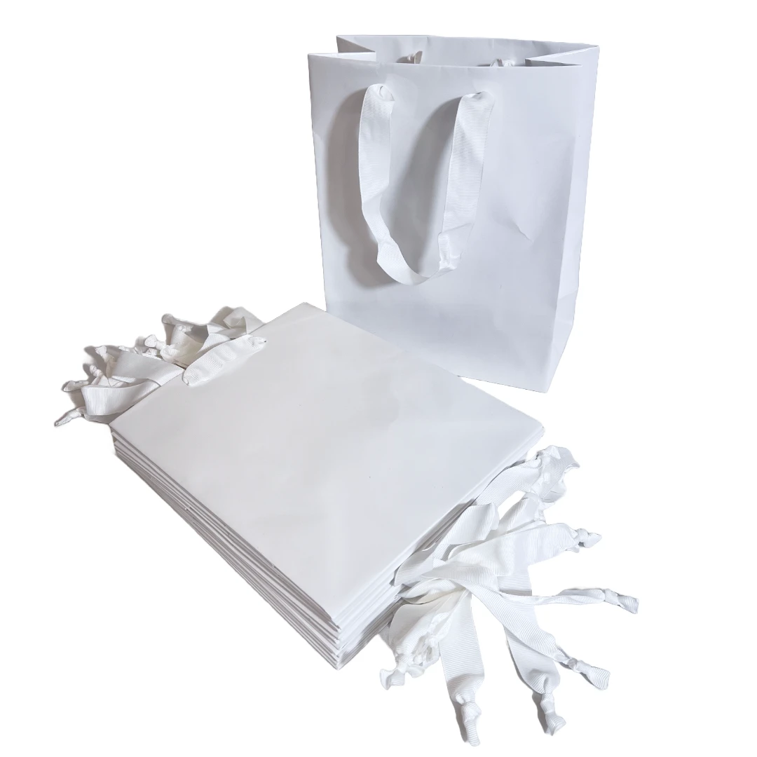 CLEARANCE-100 Bags - London Paper Shopping Bags - 8" x 4" x 10" Gloss White