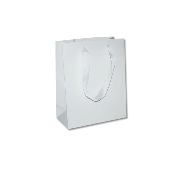 100 Bags - London Paper Shopping Bags - 8" x 4" x 10" Matte White