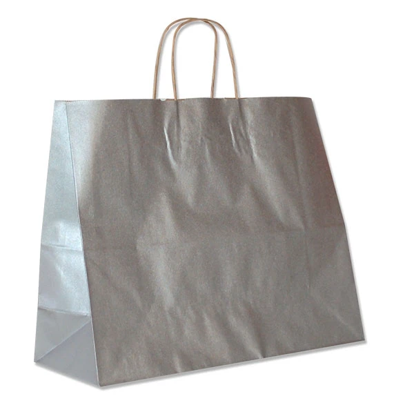 Silver Metallic Paper Shopping Bags: 16" x 6" x 12" - 250 Bags/Case