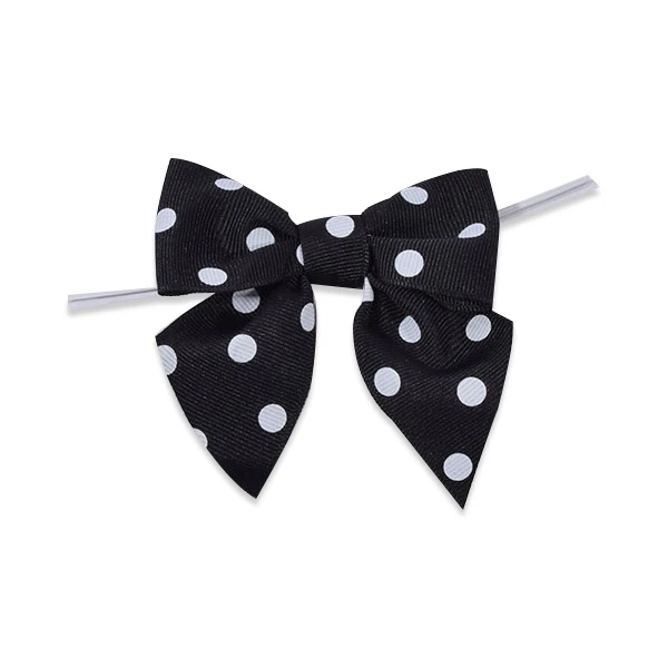 1-1/2" Ribbon - Pre-Tied Grosgrain Polka Dots Twist Tie Bows - Black - 50 Bows/Pack