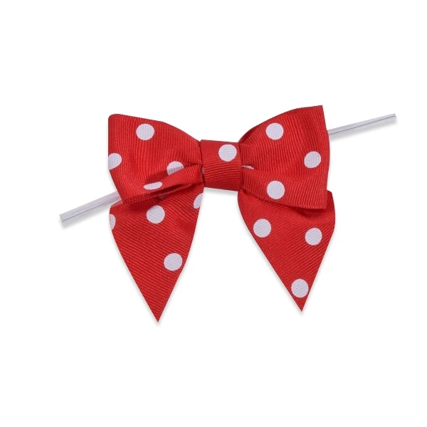 1-1/2" Ribbon - Pre-Tied Grosgrain Polka Dots Twist Tie Bows - Red - 50 Bows/Pack
