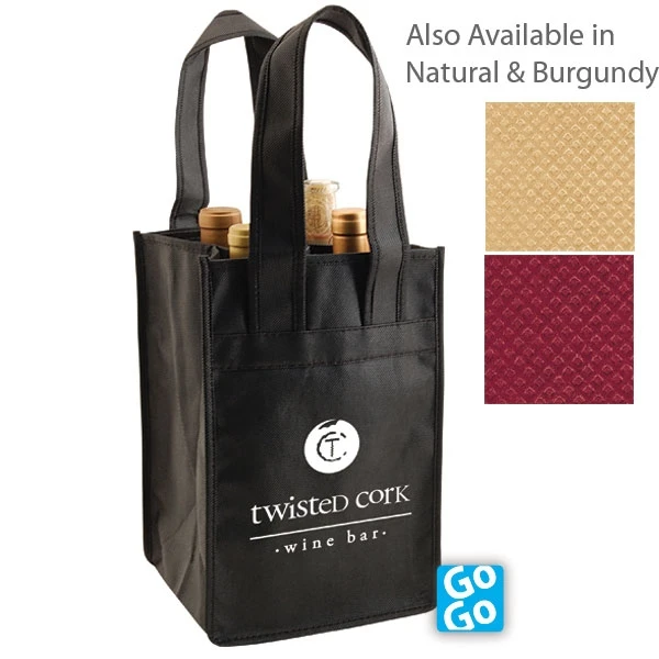 Custom Printed Black Non-Woven 4 Bottle Wine Totes - 100 Bags