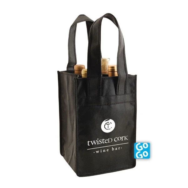 Custom Printed Black Non-Woven 4 Bottle Wine Totes - 100 Bags