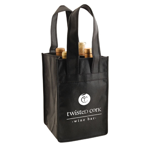 Custom Printed Black Non-Woven 4 Bottle Wine Totes - 100 Bags