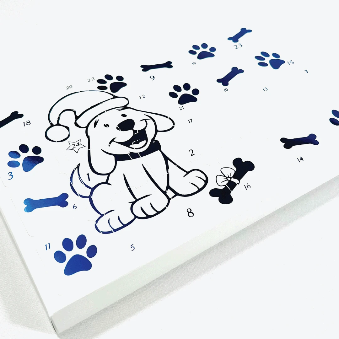 500 Custom Printed Sets (Boxes & Trays) - Fillable (Empty) Advent Calendar Boxes - Blue Metallic Festive Dog