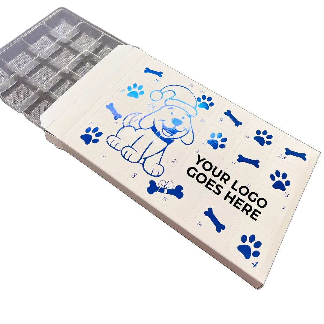 500 Custom Printed Sets (Boxes & Trays) - Fillable (Empty) Advent Calendar Boxes - Blue Metallic Festive Dog
