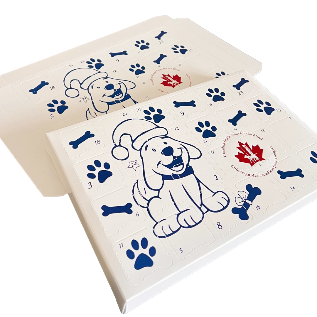 500 Custom Printed Sets (Boxes & Trays) - Fillable (Empty) Advent Calendar Boxes - Blue Metallic Festive Dog