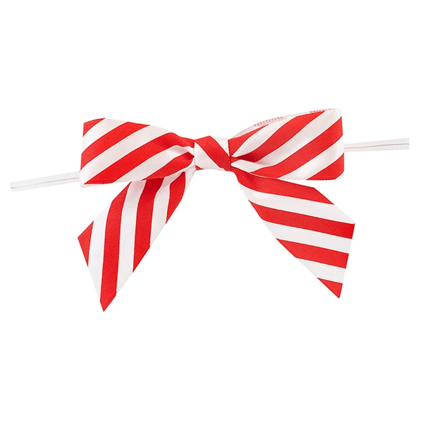 7/8" Candy Cane Grosgrain - Pre-Tied Twist Tie Bows - 100 Bows/Pack