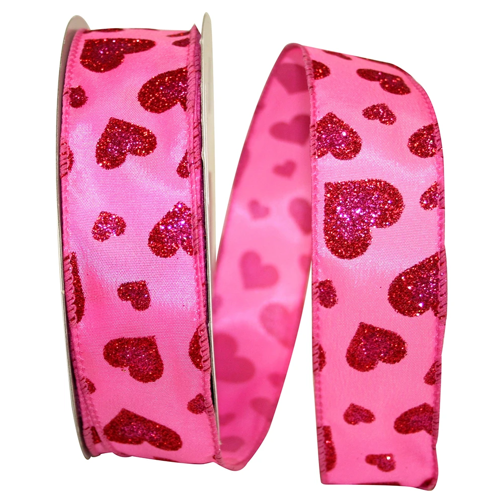 Satin Glitter Wired Hearts - 1.5" x 20 Yards/Roll