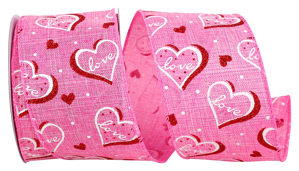 Pink Love Heartbeat Linen Glitter Wired Ribbon - 2.5" x 10 Yards/Roll