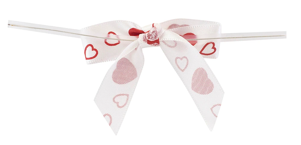 5/8" Hearts Pre-Tied Satin Twist Tie Bows - White with Red Hearts - 100 Bows/Pack