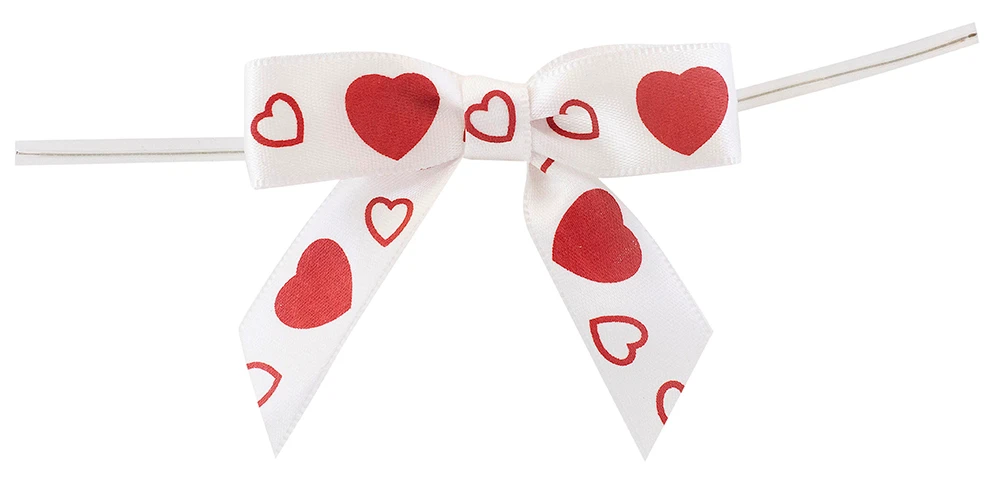 5/8" Hearts Pre-Tied Satin Twist Tie Bows - White with Red Hearts - 100 Bows/Pack