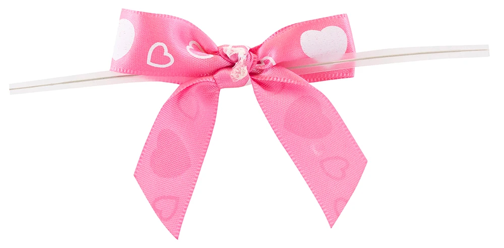 5/8" Hearts Pre-Tied Satin Twist Tie Bows - Pink with White Hearts - 100 Bows/Pack
