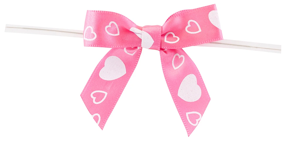 5/8" Hearts Pre-Tied Satin Twist Tie Bows - Pink with White Hearts - 100 Bows/Pack