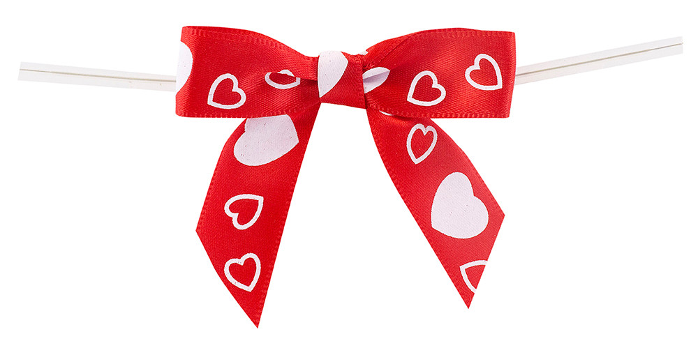 5/8" Hearts Pre-Tied Satin Twist Tie Bows - Red with White Hearts - 100 Bows/Pack