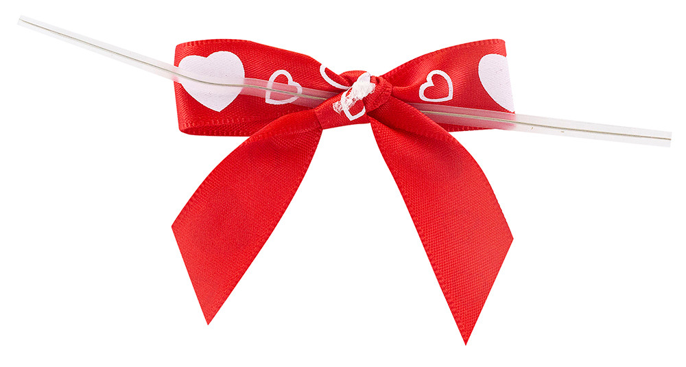 5/8" Hearts Pre-Tied Satin Twist Tie Bows - Red with White Hearts - 100 Bows/Pack