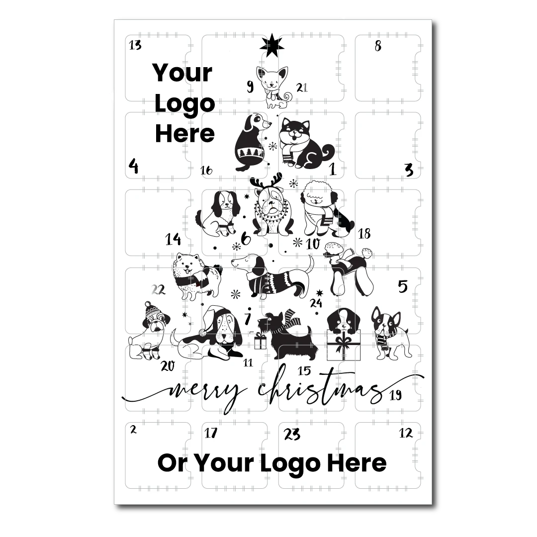 500 Custom Printed Sets (Boxes & Trays) - Fillable (Empty) Advent Calendar Boxes - Silver Metallic Dog Tree