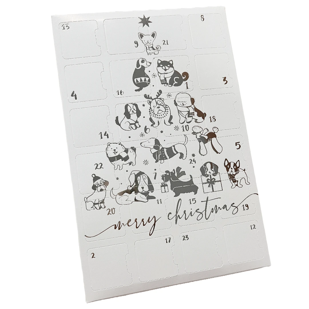 500 Custom Printed Sets (Boxes & Trays) - Fillable (Empty) Advent Calendar Boxes - Silver Metallic Dog Tree