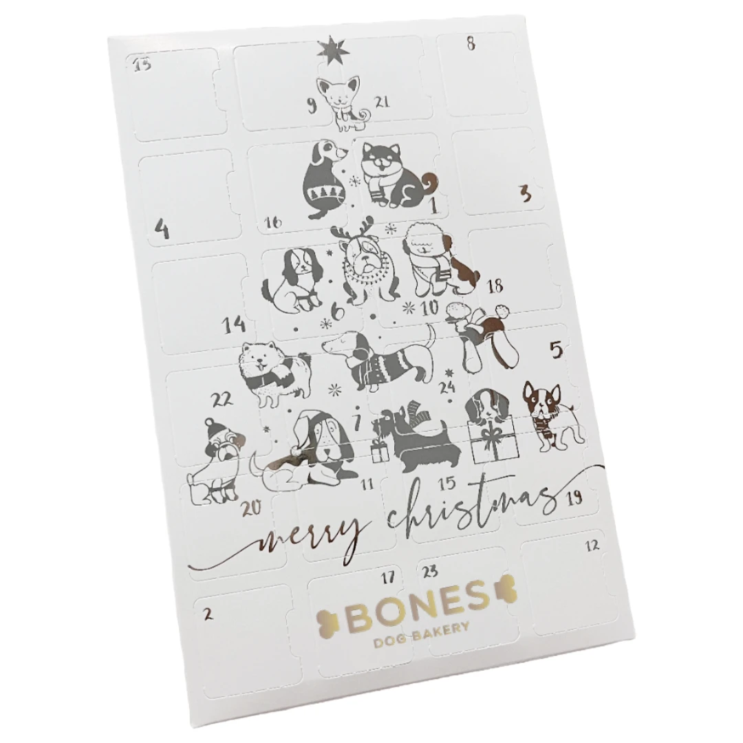 500 Custom Printed Sets (Boxes & Trays) - Fillable (Empty) Advent Calendar Boxes - Silver Metallic Dog Tree