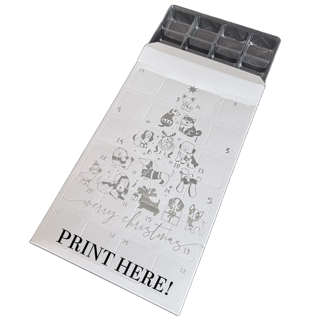 500 Custom Printed Sets (Boxes & Trays) - Fillable (Empty) Advent Calendar Boxes - Silver Metallic Dog Tree