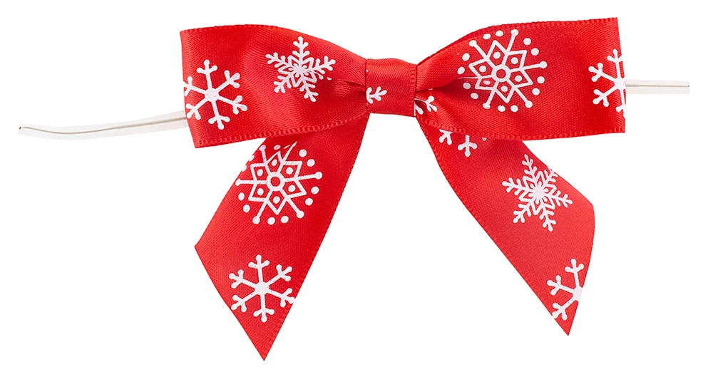 Snowflakes Red - 7/8" Ribbon - Pre-Tied Satin Twist Tie Bows - 100 Bows