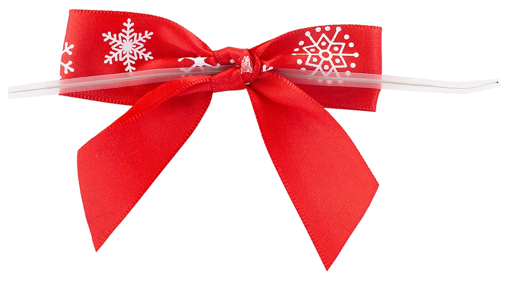 Snowflakes Red - 7/8" Ribbon - Pre-Tied Satin Twist Tie Bows - 100 Bows
