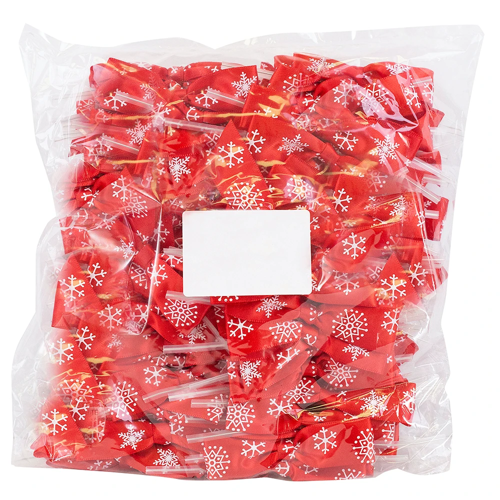 Snowflakes Red - 7/8" Ribbon - Pre-Tied Satin Twist Tie Bows - 100 Bows