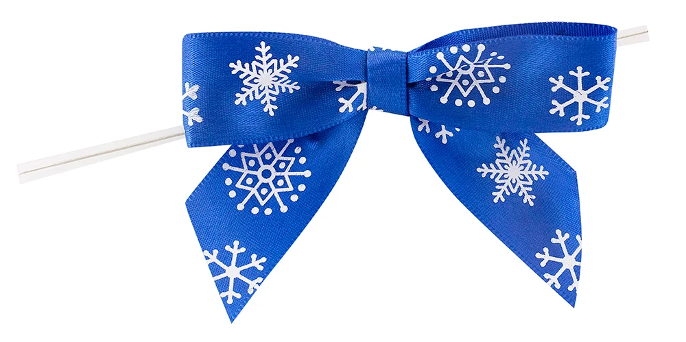 Snowflakes Royal - 7/8" Ribbon - Pre-Tied Satin Twist Tie Bows - 100 Bows