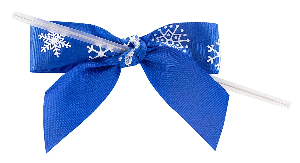 Snowflakes Royal - 7/8" Ribbon - Pre-Tied Satin Twist Tie Bows - 100 Bows