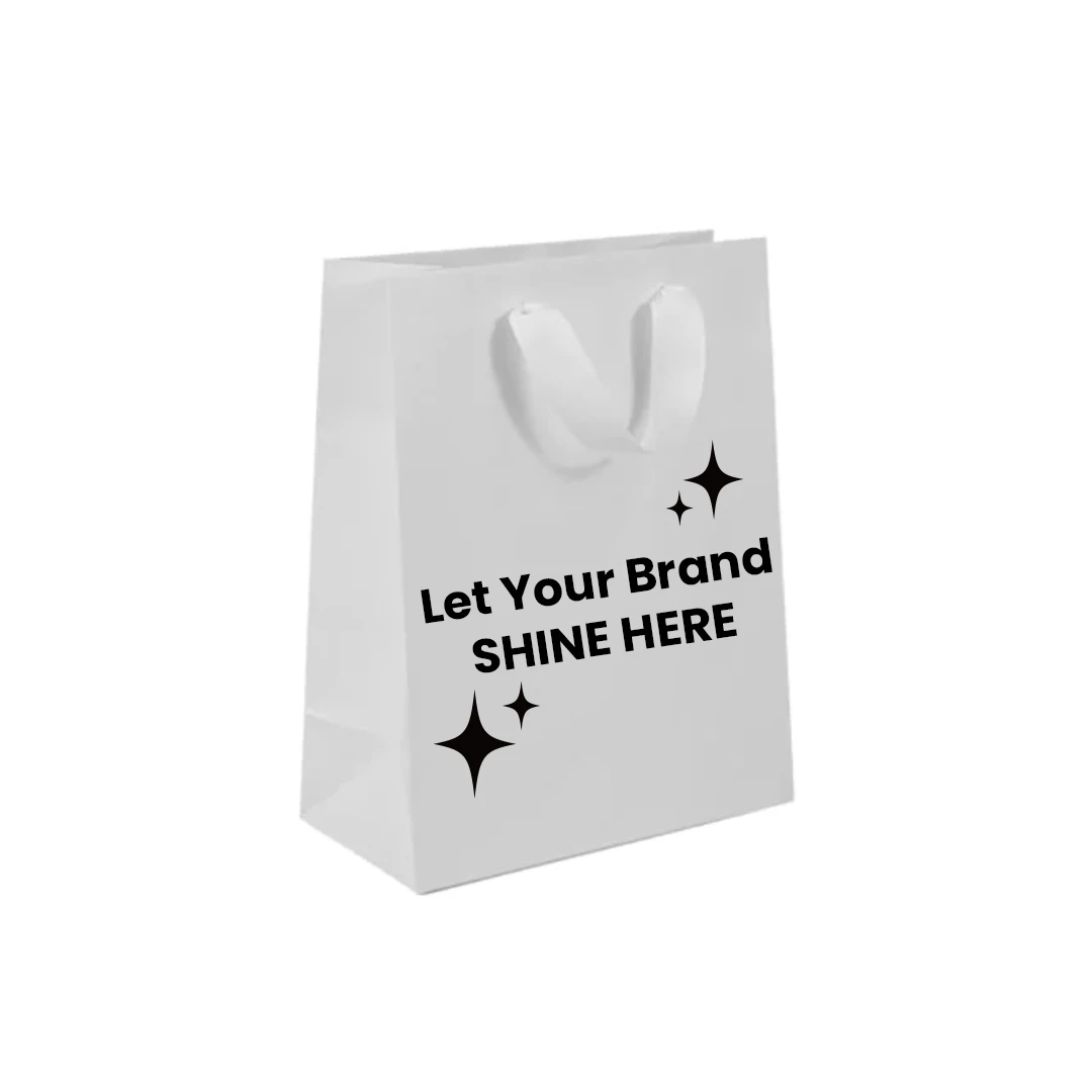 100 Bags - Custom Printed London Paper Shopping Bags Matte White 8" x 4" x 10"